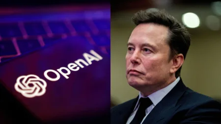Collage showing the OpenAI logo and Tesla CEO and X owner Elon Musk (R).Credit: Reuters File Photos
