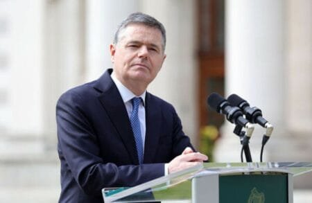 Minister Paschal Donohoe speaking to the media this afternoon. RollingNews.ie