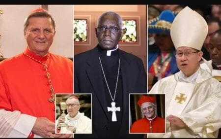 Silhouettes of Catholic cardinals gathered in St. Peter’s Square, Vatican City, symbolizing the global anticipation for the next pope|M10News