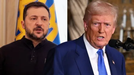 US President Donald Trump (right) blasted Ukrainian President Volodymyr Zelensky (left) on social media on Wednesday (Picture: AP/Getty Images)