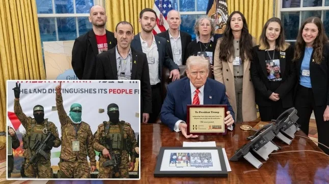 President Donald Trump (right) met with freed hostages in the White House on Wednesday (Picture: X/@PressSec/Shutterstock)