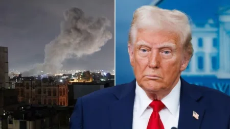 President Donald Trump (right) threatened Iran in a Truth Social post on Monday over attacks by the Houthi militia after the US began air and naval strikes (left) (Pictures: Getty Images/AFP)