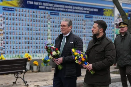 The pair arrived to lay wreaths at The Wall of Remembrance of the Fallen for Ukraine at St Michael’s Square, Kyiv (Picture: PA)