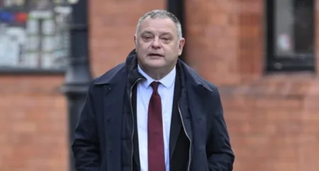Mike Amesbury appears at Cheshire Magistrates Court after admitting he assaulted a man in Frodsham, Cheshire (Picture: Bruce Adams/Daily Mail)