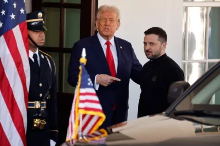 President Donald Trump (left) greets Ukrainian president Volodymyr Zelensky (right) as he arrives at the White House on Friday (Picture: Getty Images)