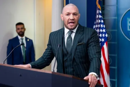 Irish mixed martial artist Conor McGregor spoke briefly to the media in the White House Press Briefing Room on Monday (Picture: EPA)