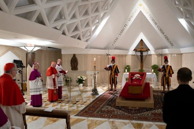 The Vatican Media shows Pope Francis in his open coffin during the rite of the Confirmation of the Death (Picture: AFP) The Vatican Media shows Pope Francis in his open coffin during the rite of the Confirmation of the Death (Picture: AFP)