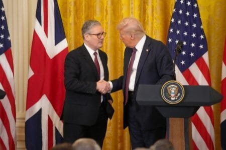 President Donald Trump and Prime Minister Sir Keir Starmer met in the White House in February. A trade deal is rumoured to be unveiled later on today (Picture: Andrew Leyden/ZUMA Press Wire)