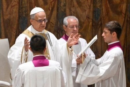 Pope Leo XIV conducting his first Mass in the Sistine Chapel this morning (Picture: Vatican Media/Reuters)
