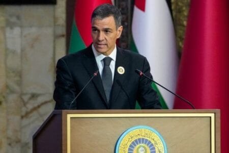 The Spanish Prime Minister says if Russia is banned, so should be Israel (Picture: POOL/AFP via Getty Images)