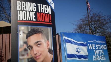 Hamas: A sign outside a Jewish community centre in Edan Alexander's home town of Tenafly, New Jersey. File pic: Reuters