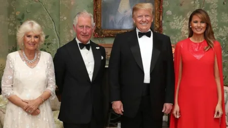 President Donald Trump, First Lady Melania Trump, Britain's Prince Charles, Prince of Wales, and his wife Britain's Camilla, Duchess of Cornwall, pose for a photograph during his first state visit to the U.K. in June 2019. (Chris Jackson/Pool/AFP via Getty Images)