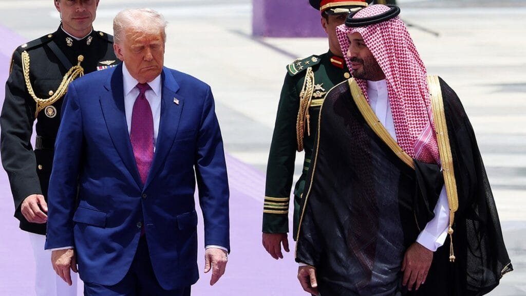 President Donald Trump walks with Saudi Crown Prince Mohammed bin Salman during an official state arrival ceremony at the Saudi Royal Court on May 13, 2025, in Riyadh, Saudi Arabia (Win McNamee/Getty Images)