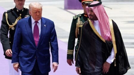President Donald Trump walks with Saudi Crown Prince Mohammed bin Salman during an official state arrival ceremony at the Saudi Royal Court on May 13, 2025, in Riyadh, Saudi Arabia (Win McNamee/Getty Images)