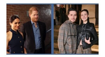 Prince Harry and Meghan Markle, left, hosted Brooklyn Beckham and Nicola Peltz at their Montecito home.