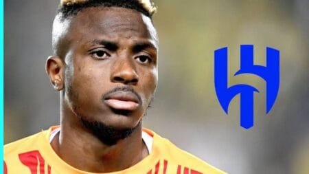 Napoli striker Victor Osimhen with the Al-Hilal badge