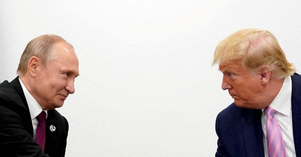 U.S. President Donald Trump and Russian President Vladimir Putin hold a bilateral meeting at the G20 leaders summit in Osaka, Japan June 28, 2019. REUTERS/Kevin Lamarque/File Photo